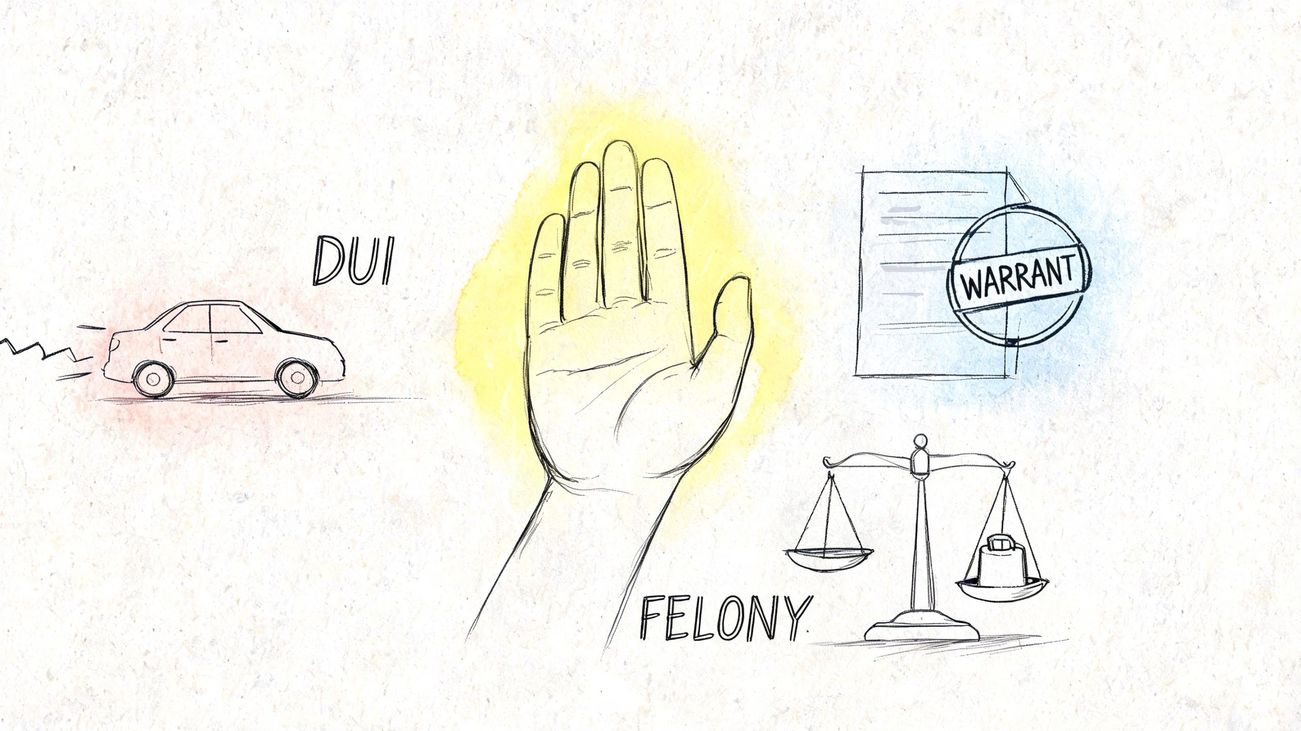 A conceptual illustration featuring a hand, a car, a legal document with a warrant stamp, and scales.