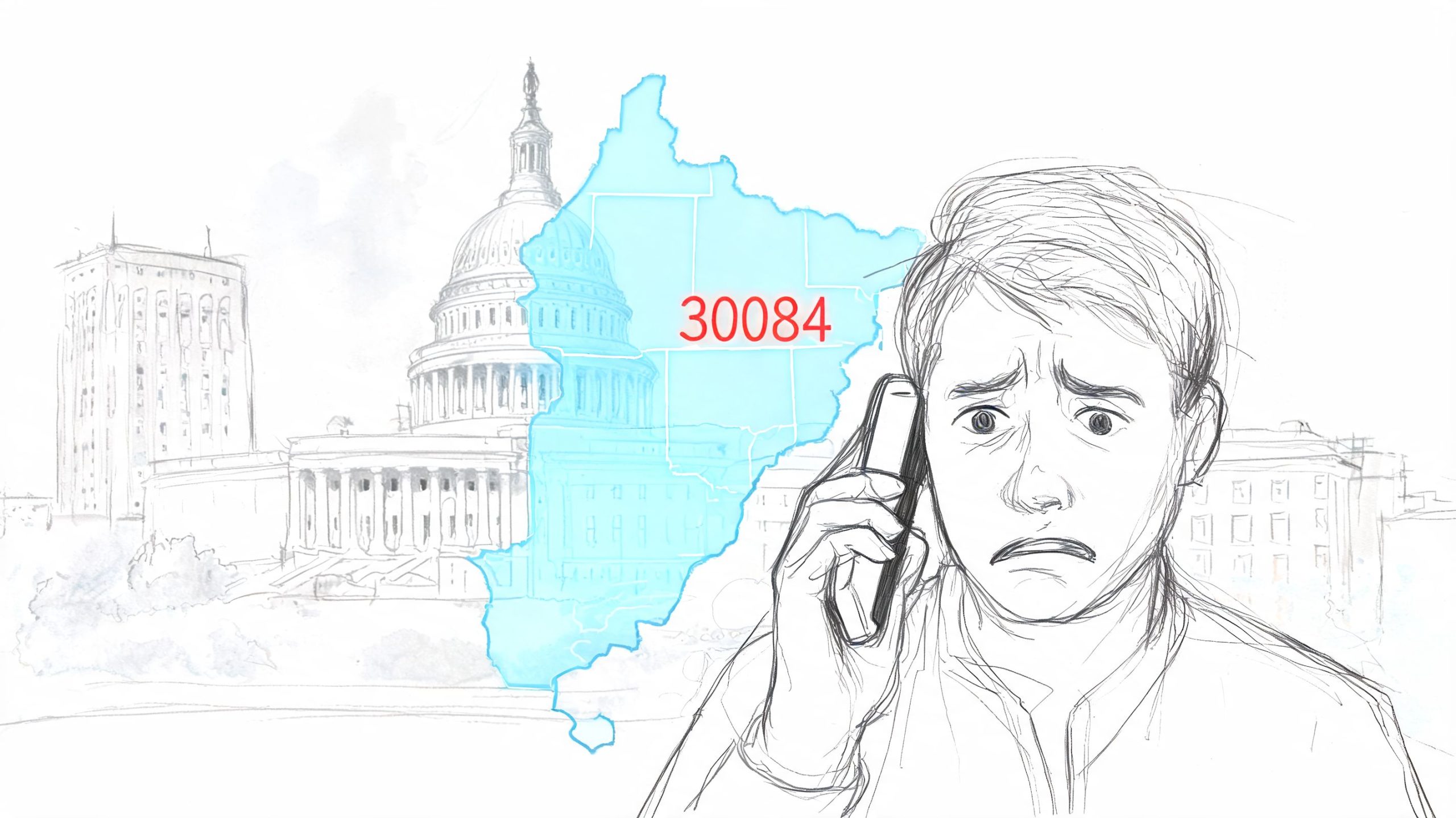 A pencil sketch of a worried person on a phone with the 30084 zip code map overlay.