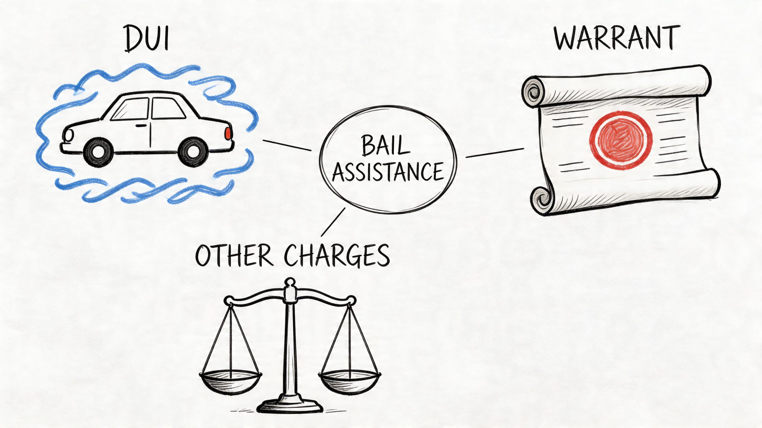A diagram illustrating bail assistance services for DUI, arrest warrants, and various other legal charges.