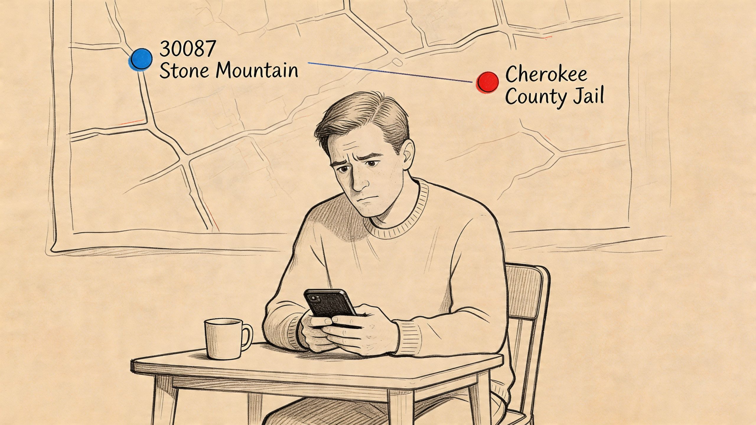 A worried man sits at a table checking his phone with a map of Georgia locations behind him.