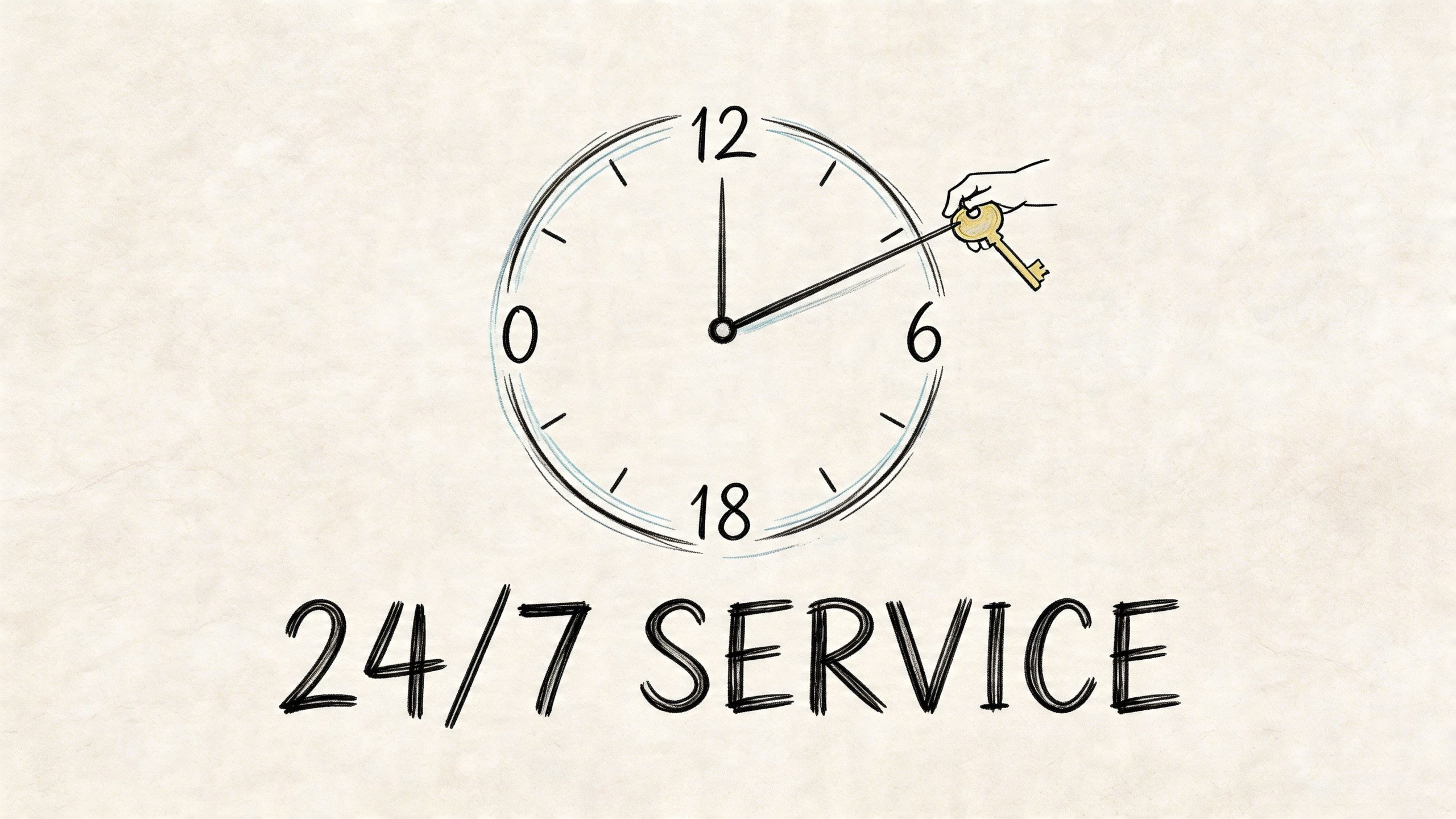 A conceptual illustration of a clock featuring a key held by a hand, symbolizing 24/7 service availability.