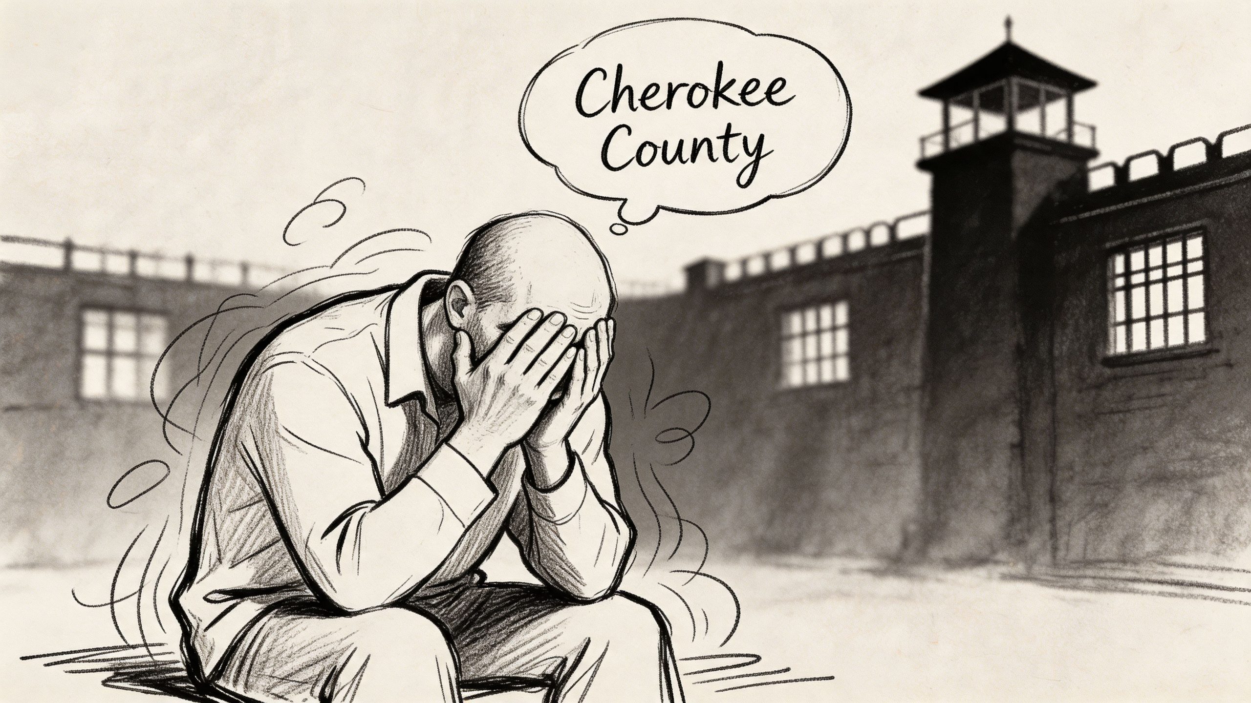 A distressed man sitting in front of a prison with a thought bubble saying Cherokee County.