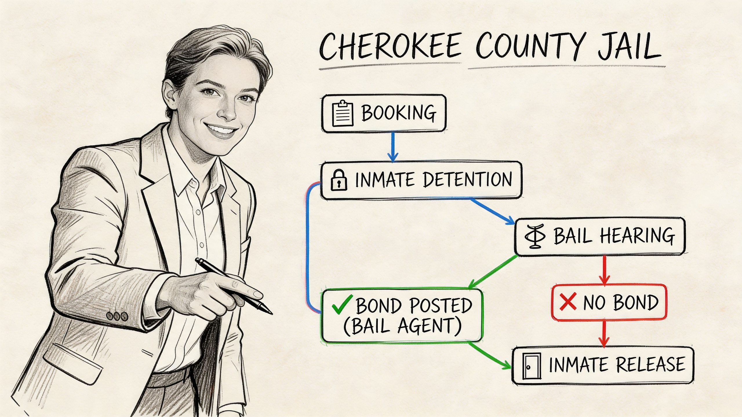 A professional woman presenting an illustrated flowchart of the Cherokee County Jail bail bond process.