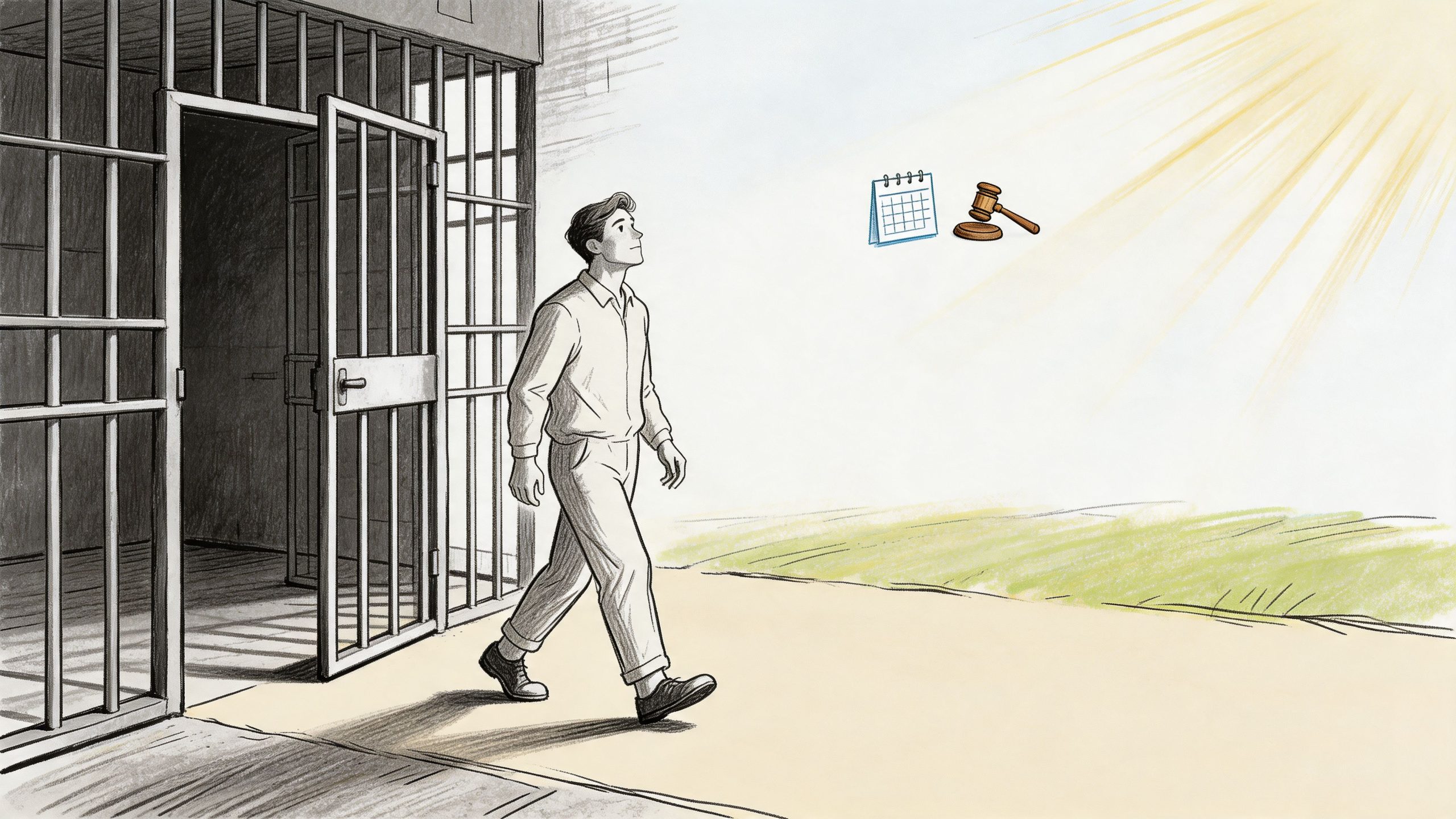 A man stepping out of a prison cell into the sunlight, representing legal release and freedom.