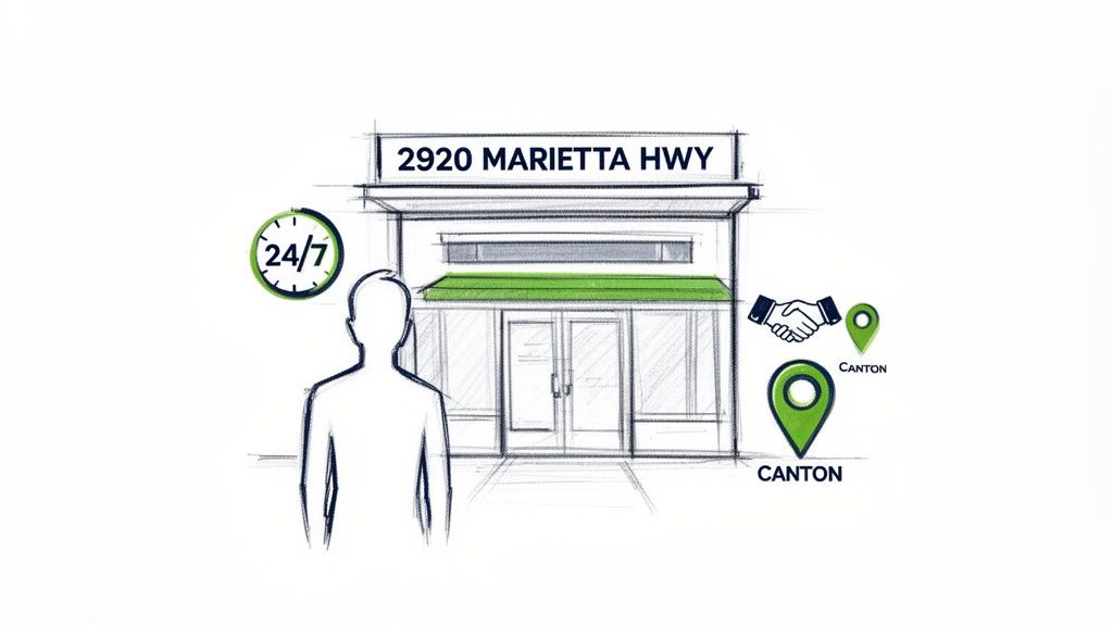 Sketch showing a 24/7 office building at 2920 Marietta Hwy with a person, handshake, and Canton location pins.
