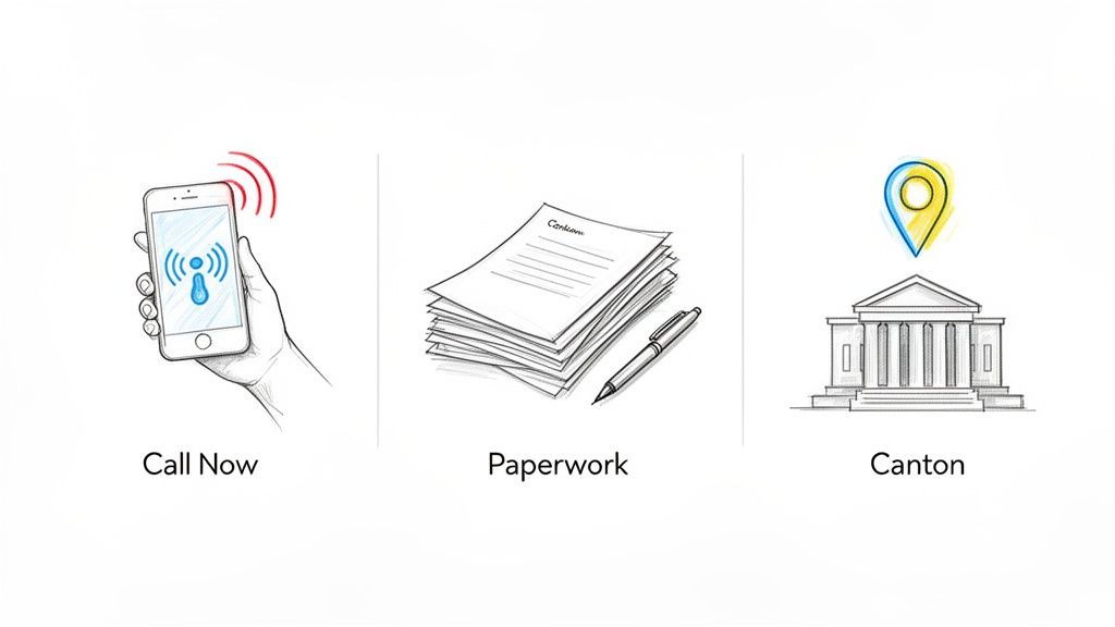 Three panels illustrate calling, paperwork, and a Canton building with a location pin, representing a process.
