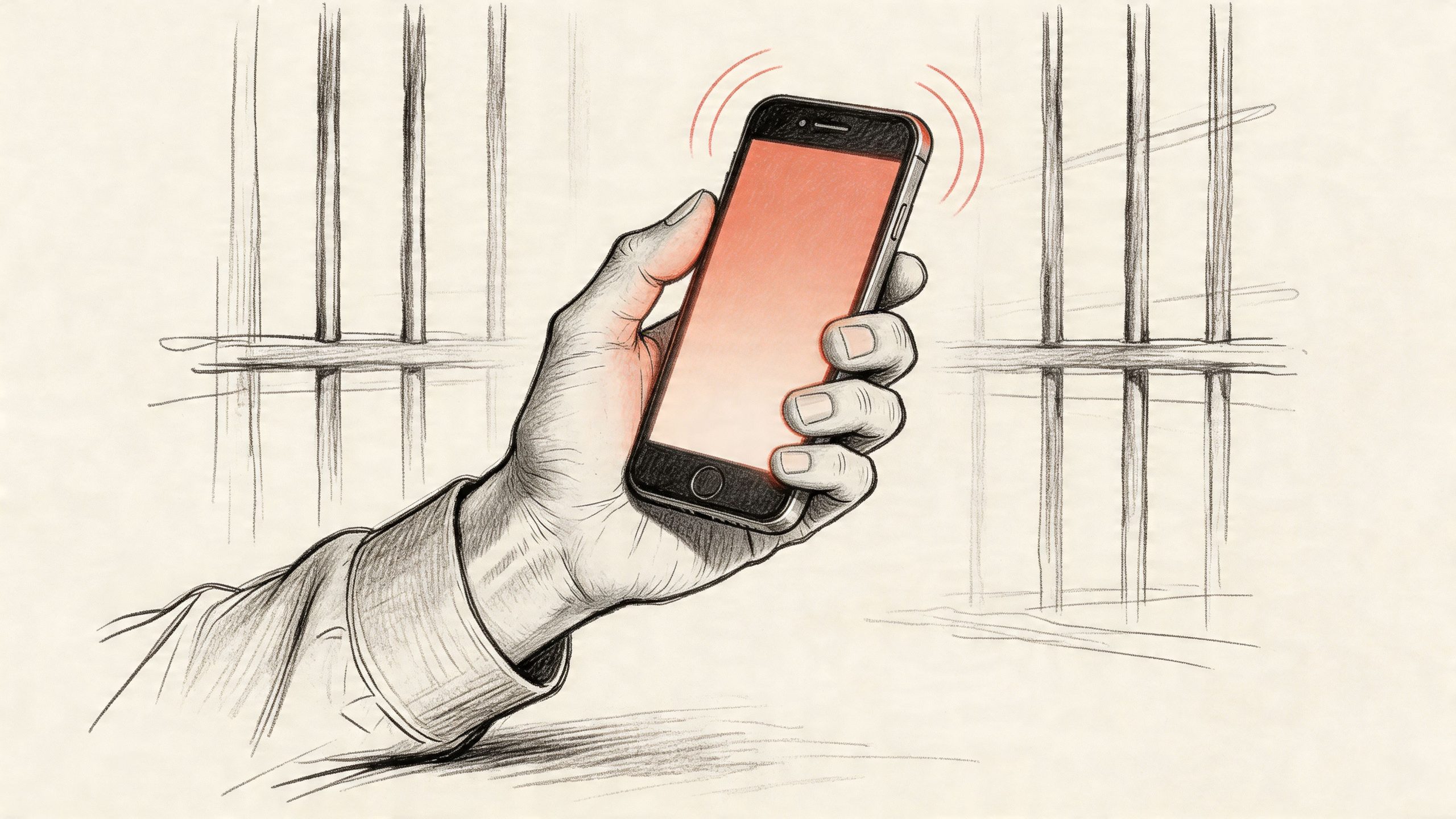 A sketched illustration of a person's hand holding a vibrating smartphone in front of prison bars.