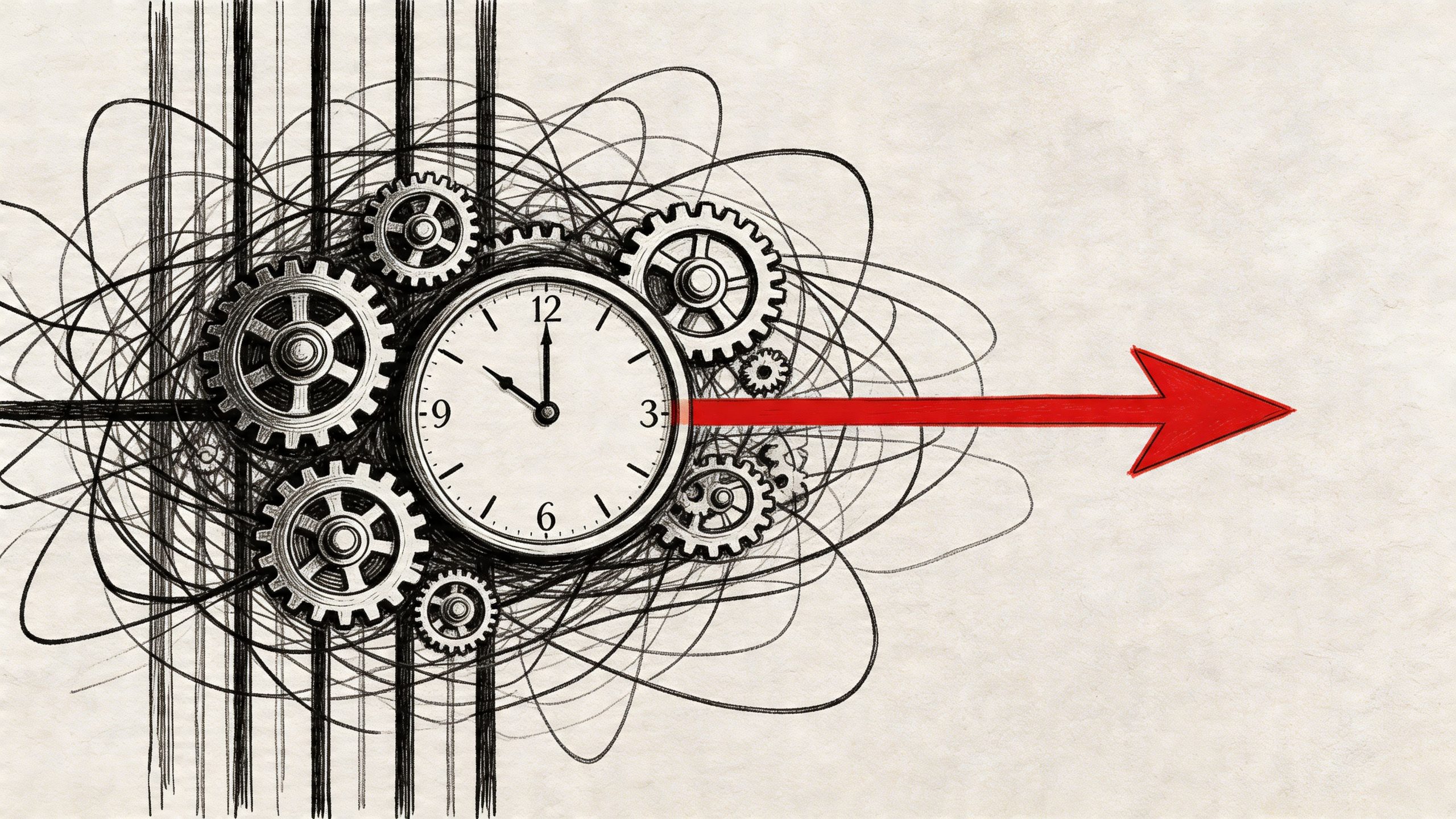 A conceptual illustration showing a clock surrounded by gears and chaotic scribbles, with a red arrow pointing right.