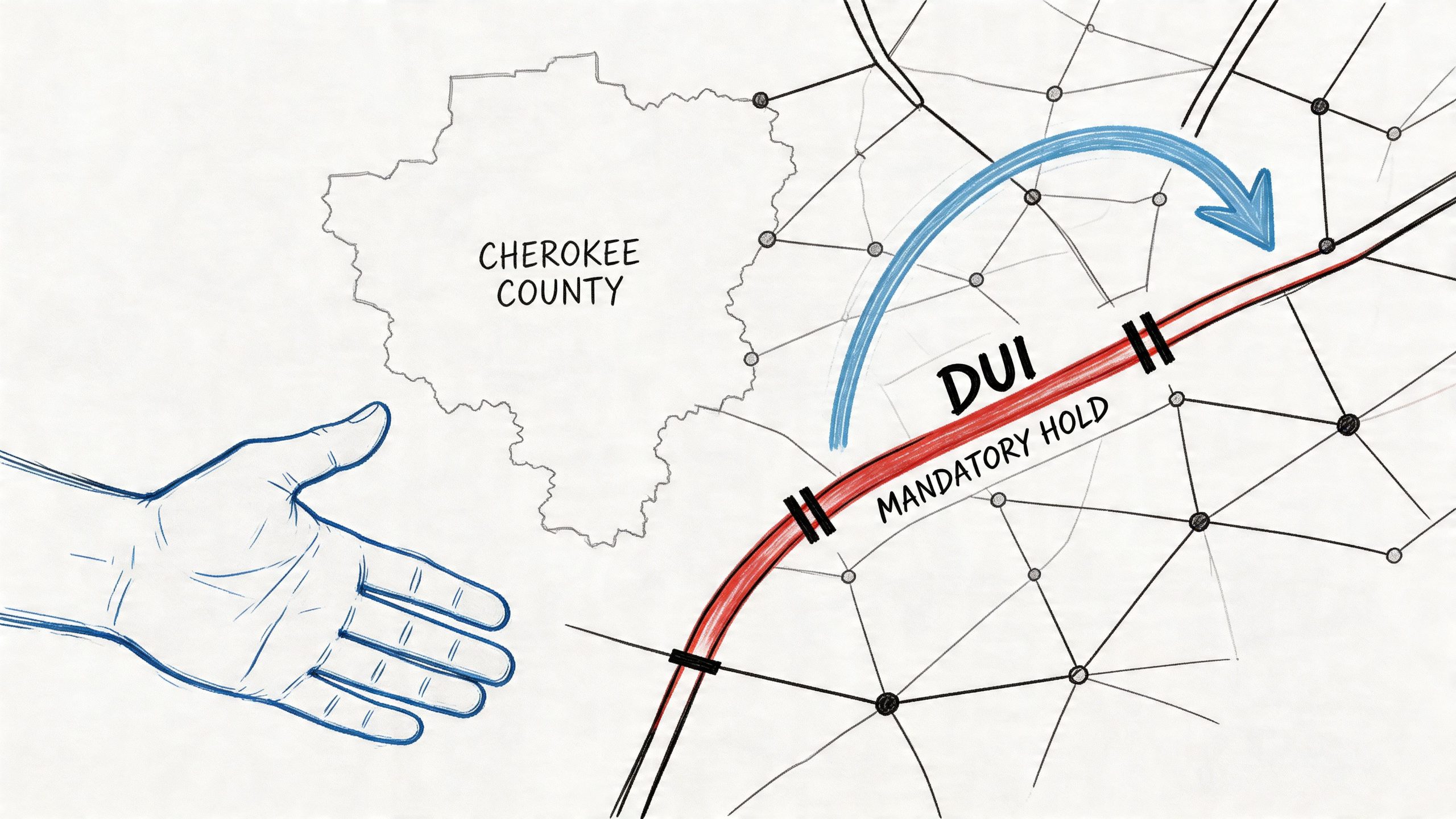 A hand gesture pointing towards a map section highlighting a Cherokee County DUI mandatory hold legal process.