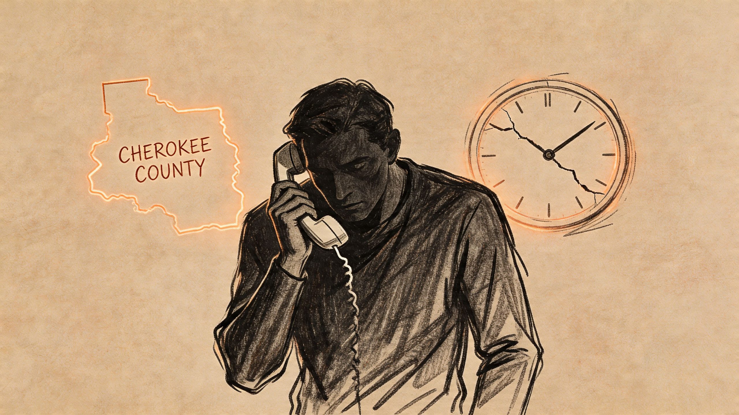 A charcoal-style illustration of a man on a landline telephone with a map of Cherokee County.