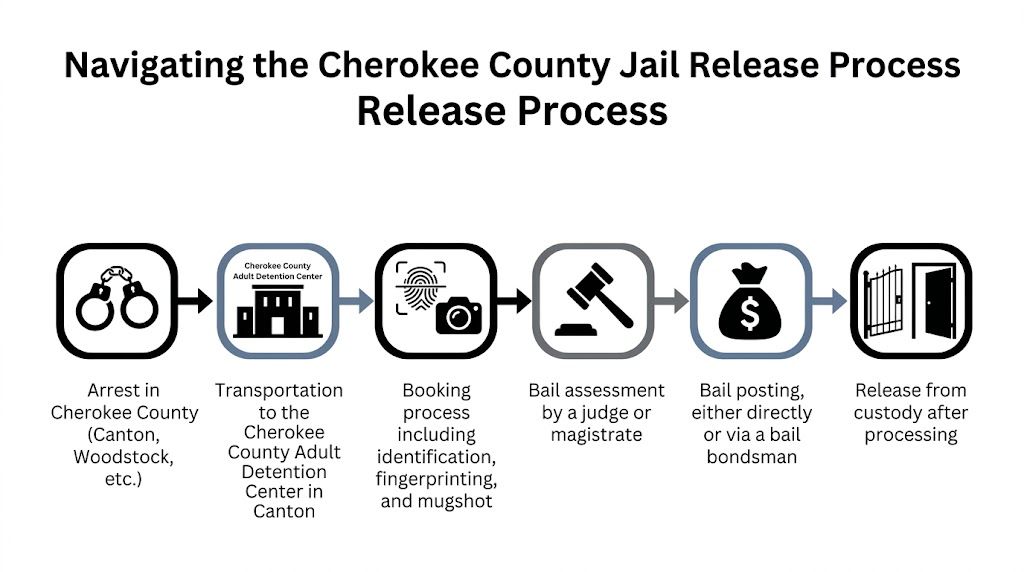 An infographic showing the sequential steps of the jail release process in Cherokee County, Georgia.