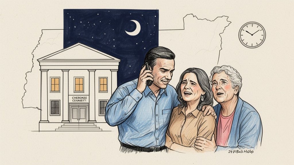 A man on the phone embraces a crying woman, an older woman looks on, near a Cherokee County building at night.