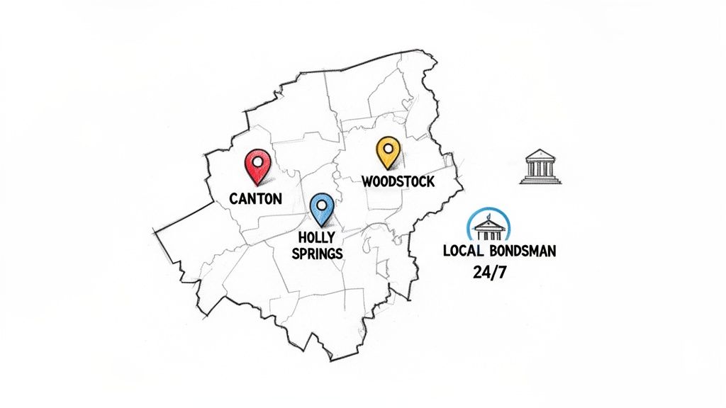 Map highlighting Canton, Holly Springs, and Woodstock locations, with a local 24/7 bondsman icon.