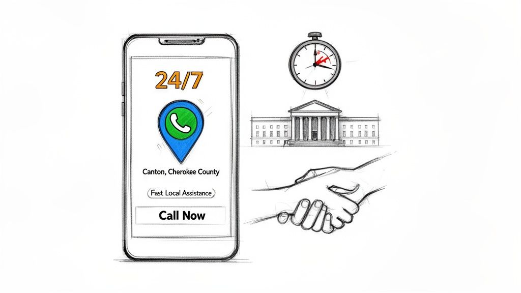 Sketch of a phone app for 24/7 local assistance in Canton, Cherokee County, showing speed, official building, and agreement.