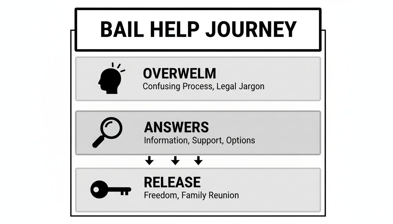 Flowchart outlining the bail help journey, from initial confusion and jargon to answers and ultimate release.