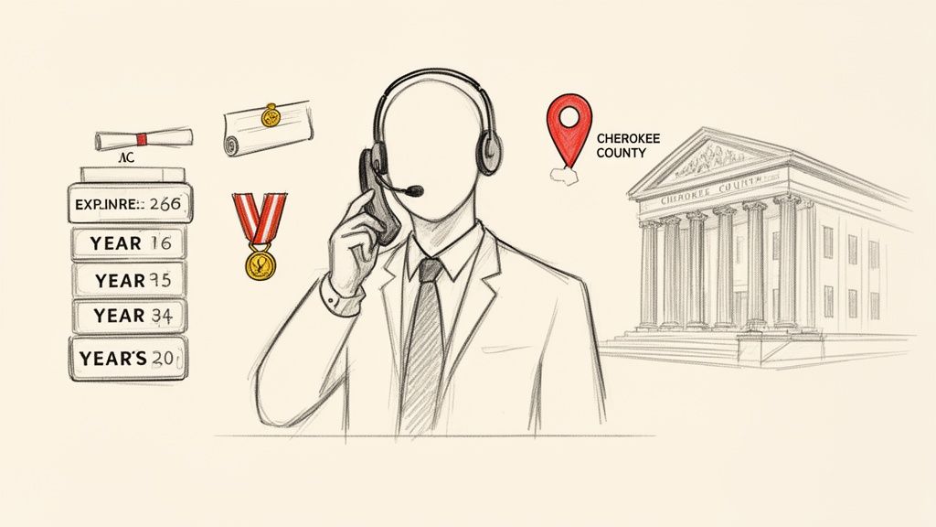 Sketch of a professional with headset, legal credentials, years of experience, and county location.