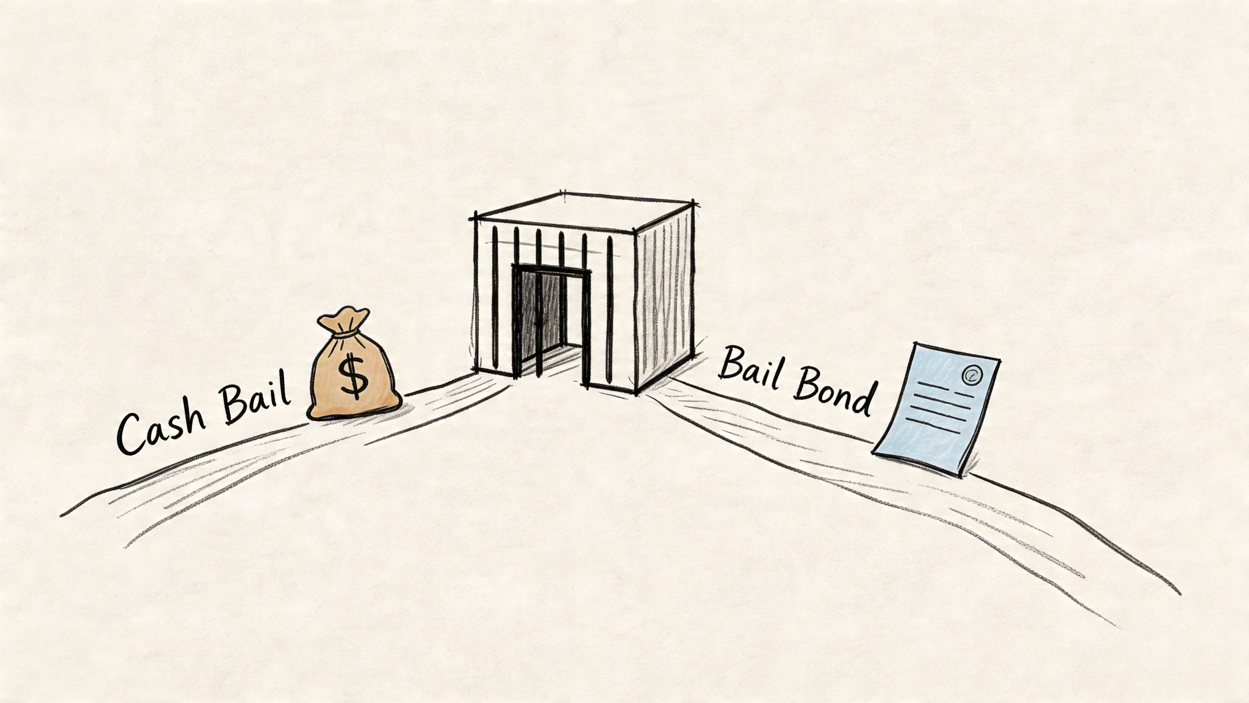 A conceptual illustration showing two paths leading to a jail cell representing cash bail and bail bonds.