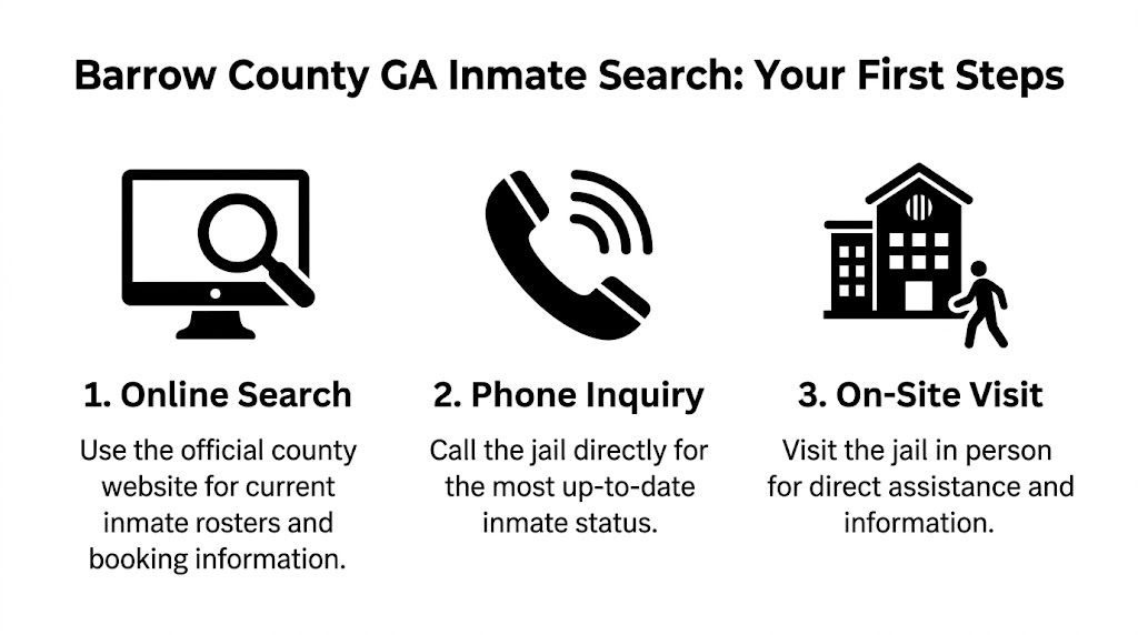 A graphic showing three steps for a Barrow County GA inmate search: online, phone, and in-person.