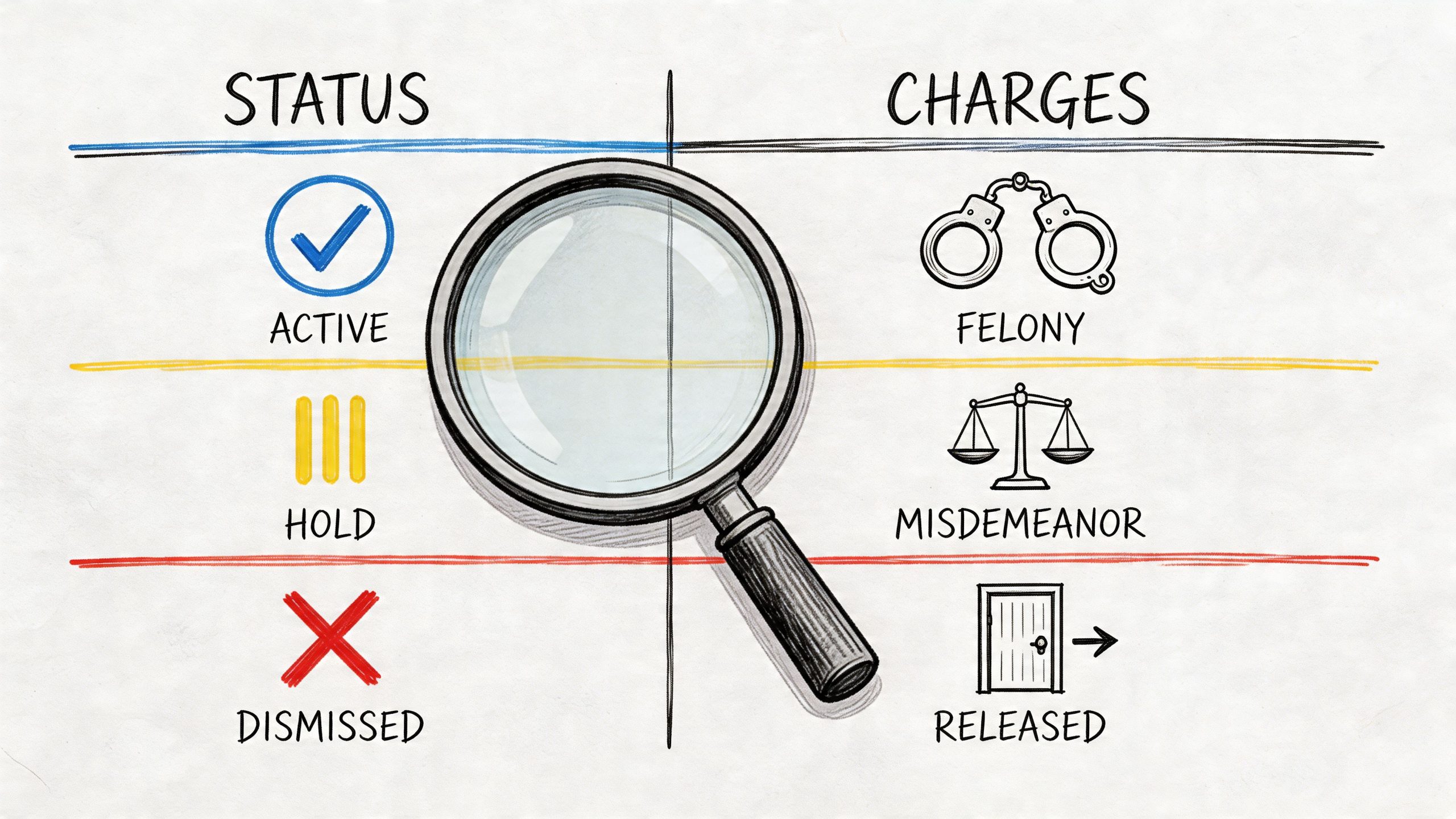 An educational infographic illustrating legal status categories and charge types displayed with clear icons and labels.