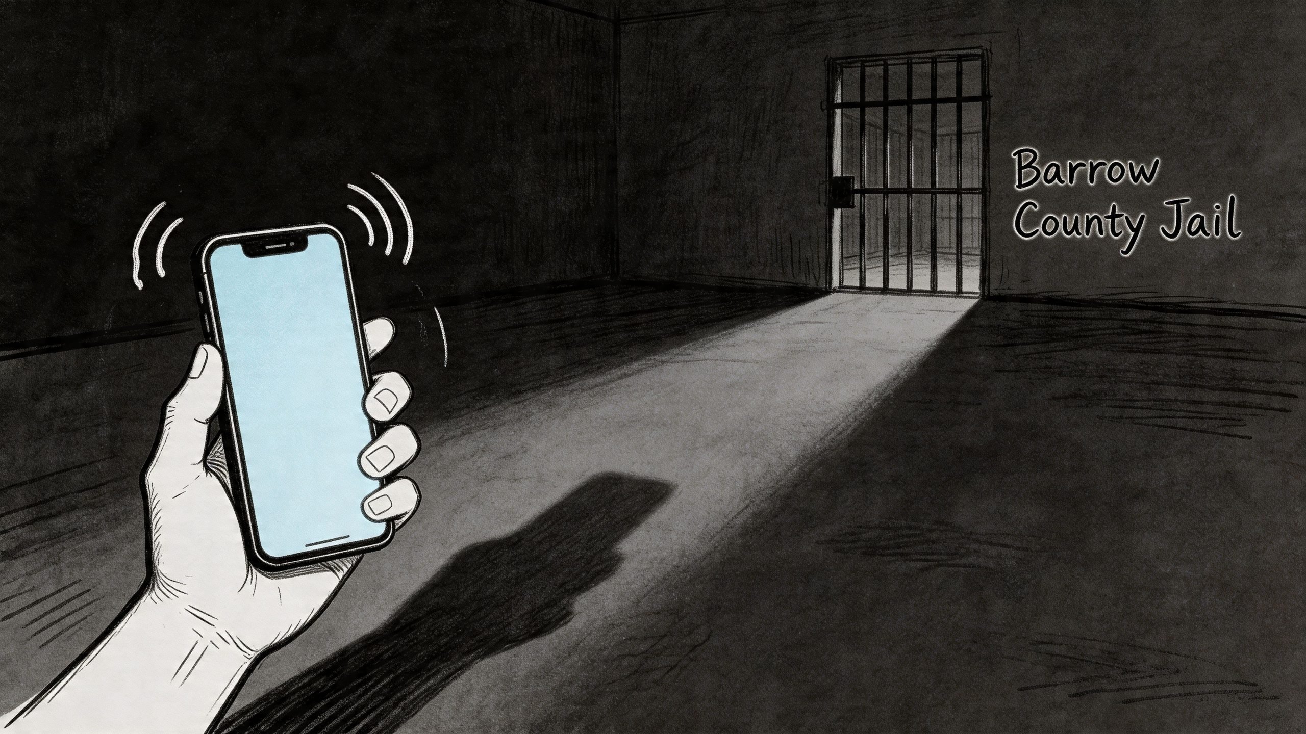 A hand holds a glowing smartphone in a dark, dimly lit prison cell at Barrow County Jail.