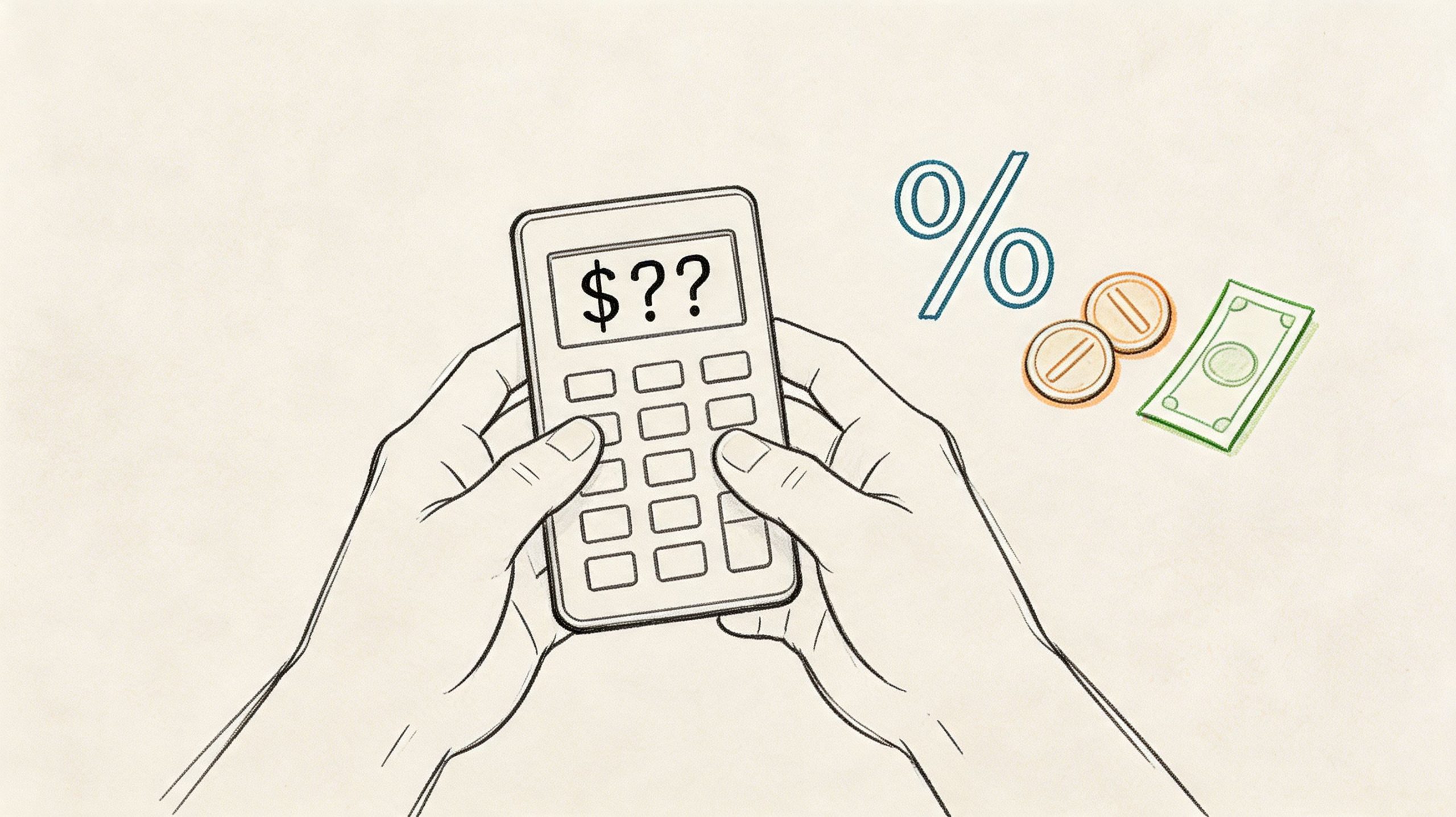A line drawing of hands holding a calculator with a dollar sign and question marks on the screen.