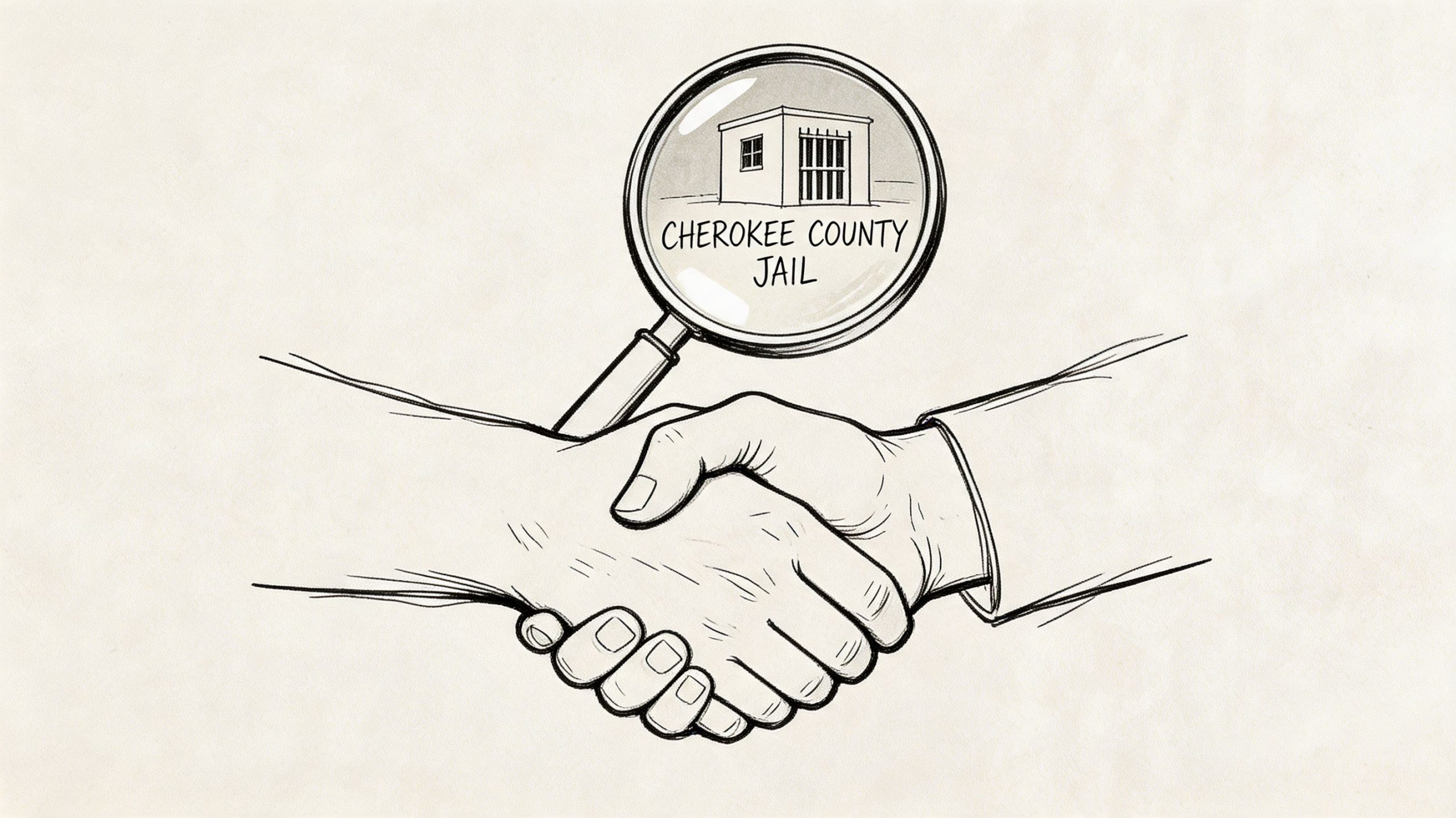 A line drawing of a handshake featuring a magnifying glass focused on the Cherokee County Jail building.