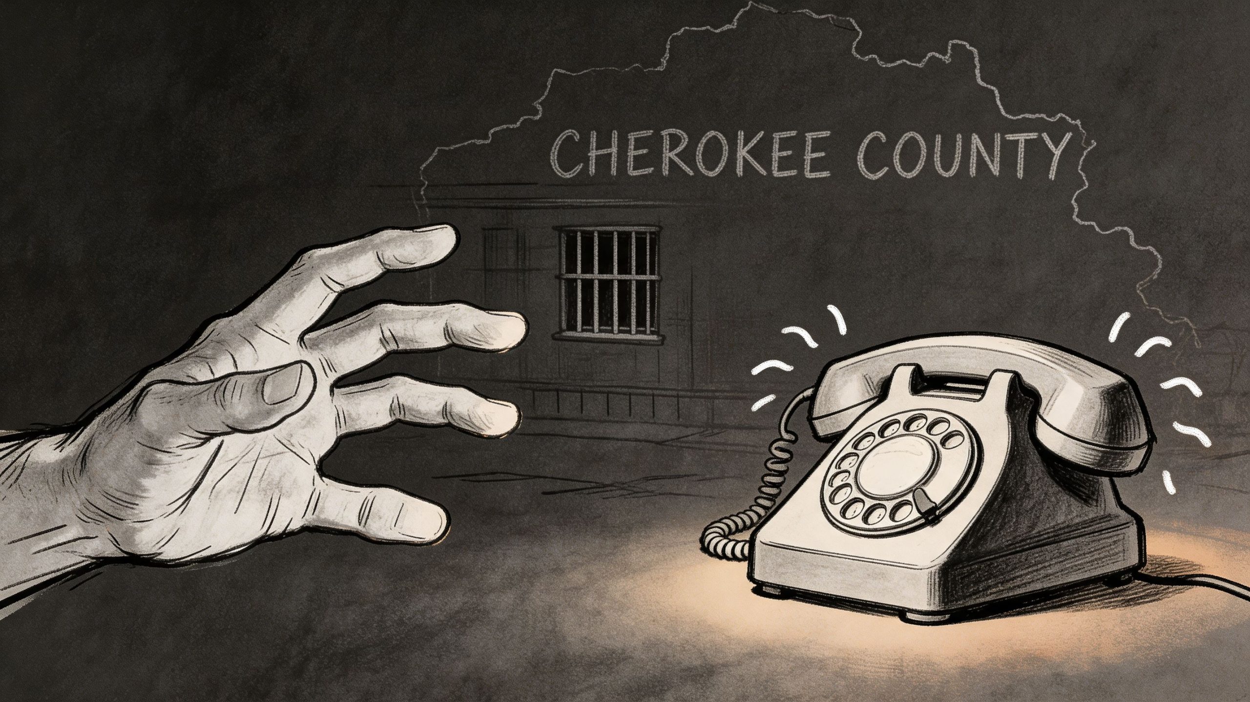 A hand reaching for a ringing vintage rotary phone in front of a Cherokee County jail building.