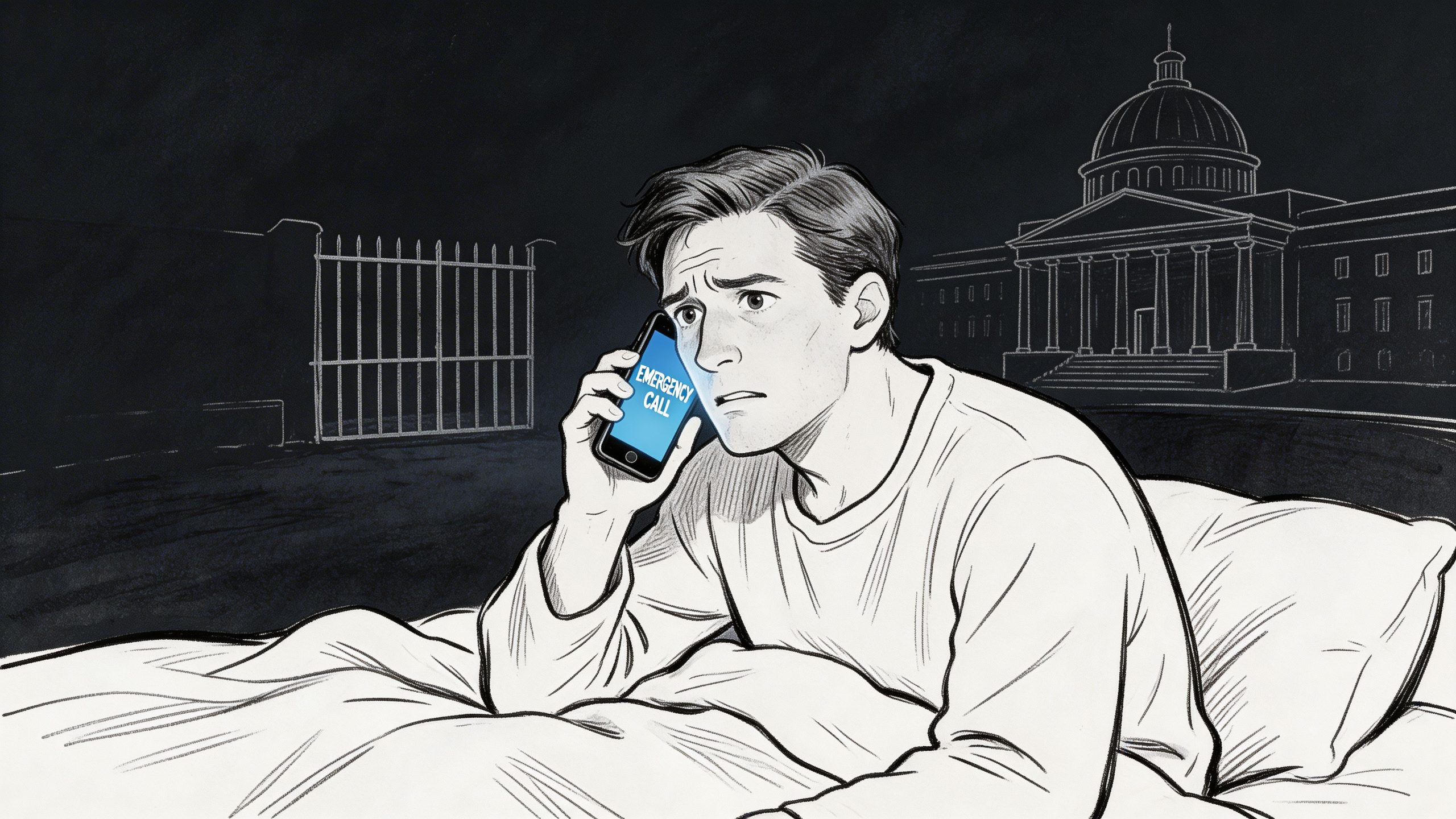 A worried man sitting in bed at night making an emergency call on his mobile phone.