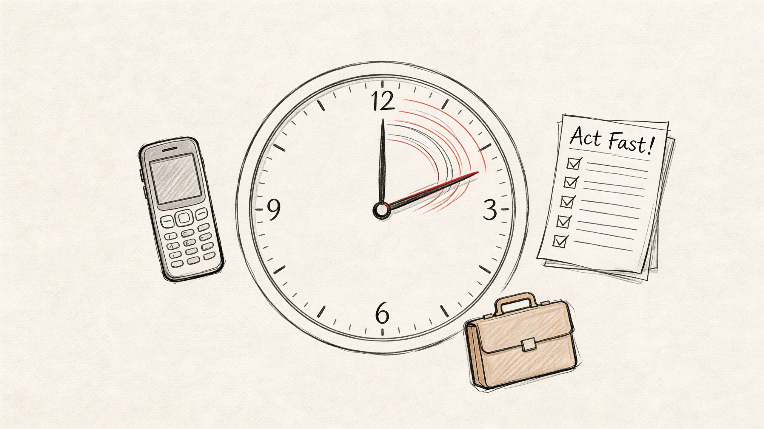 A sketched illustration featuring a clock, a mobile phone, a briefcase, and a checklist marked Act Fast.
