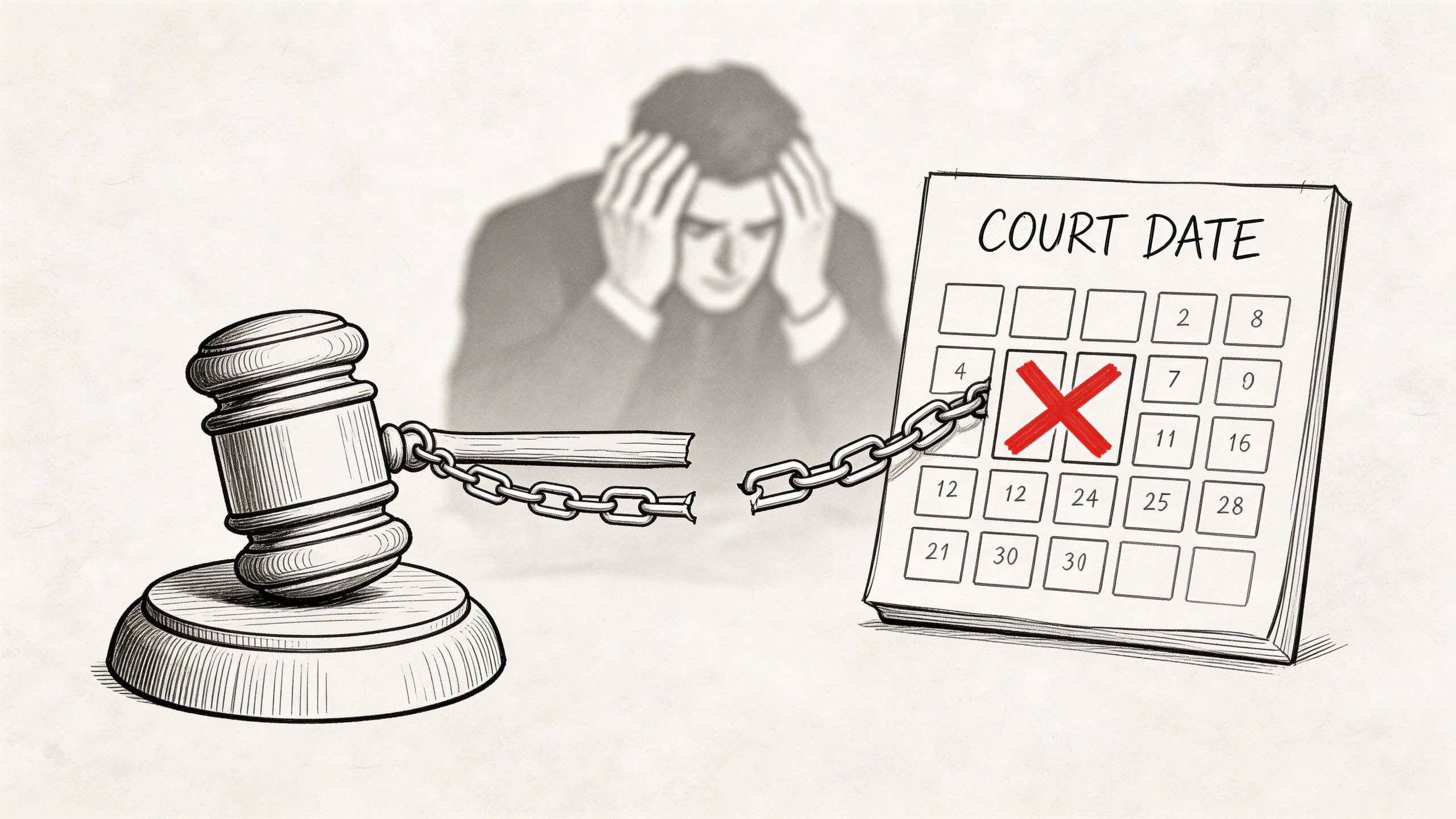 A broken gavel linked by a chain to a calendar with a marked court date.