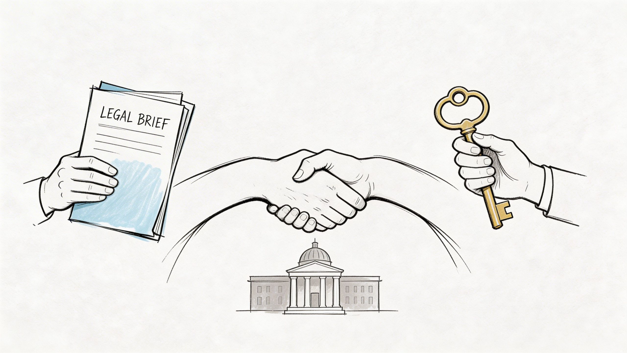 A hand holding a legal brief shaking hands with another hand holding a gold key above a courthouse.