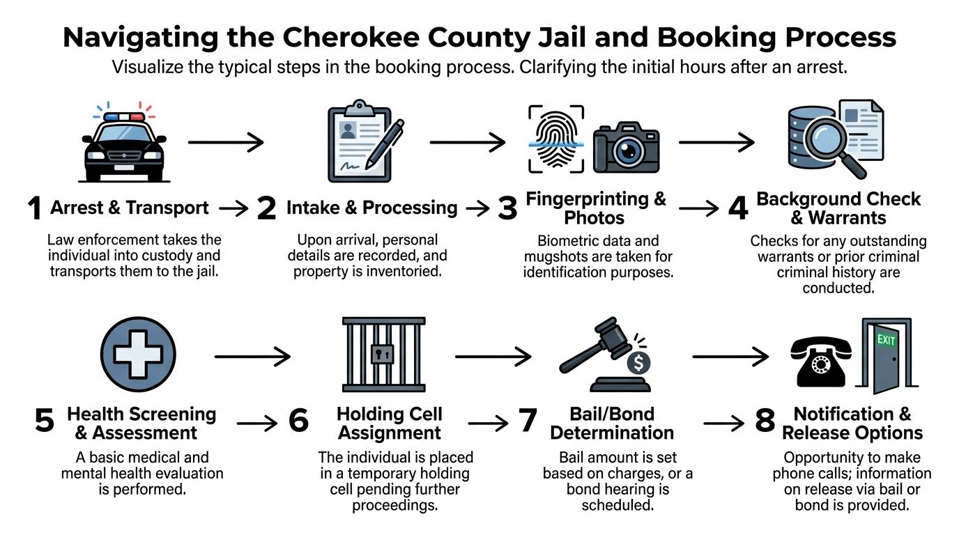 An infographic showing eight steps of the Cherokee County jail booking process from arrest to release.