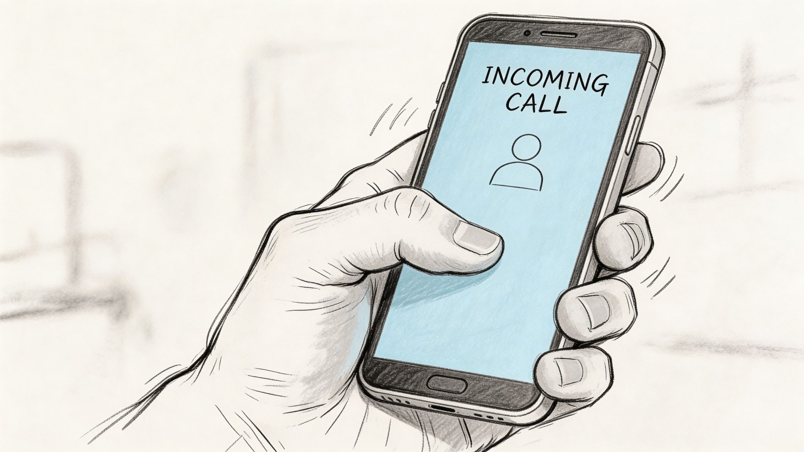 A hand holding a smartphone showing an incoming call screen illustration in a sketch art style.