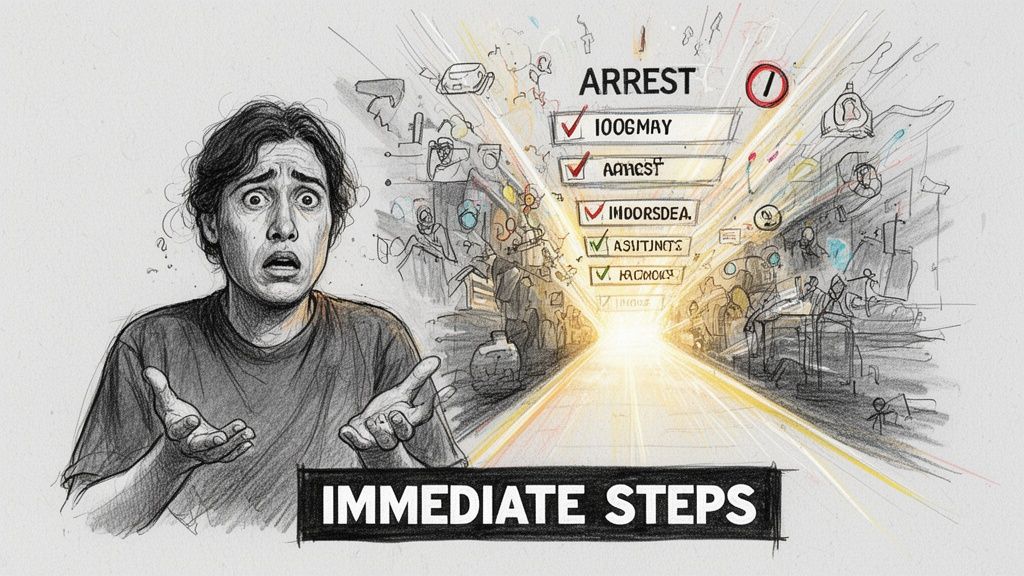 A charcoal sketch of a worried person looking at an immediate steps checklist about an arrest.