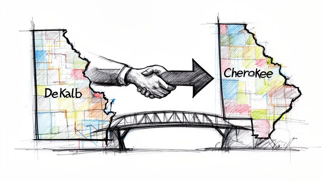 A conceptual drawing depicting a handshake between DeKalb and Cherokee counties connected by a bridge.