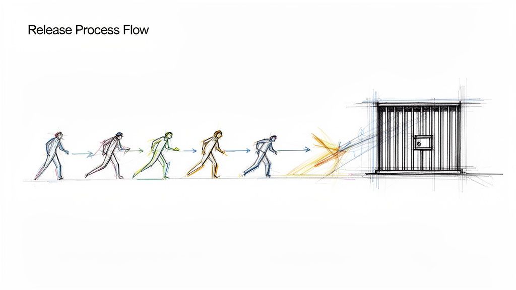 A conceptual sketch illustrating a release process flow with figures moving toward a jail cell door.