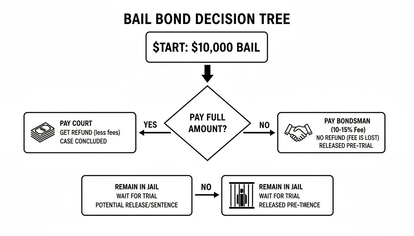 A bail bond decision tree illustrating options to pay court for a refund, use a bondsman, or remain in jail.