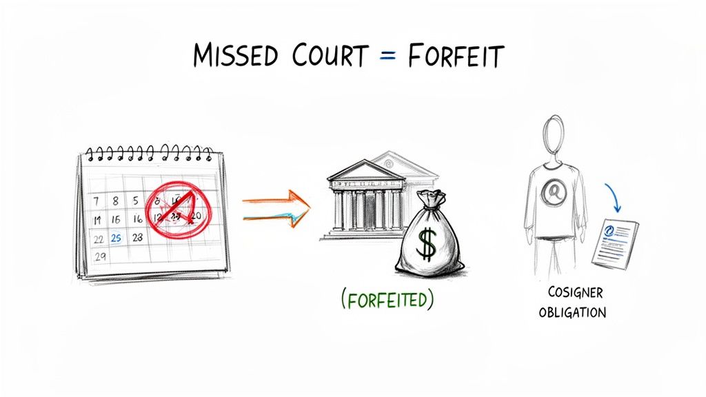Illustration of missing court resulting in forfeited bail money and cosigner obligation.