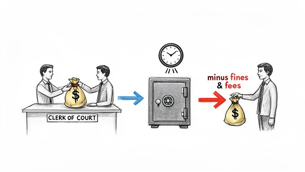 Illustration shows money given to a court clerk, stored in a safe, and returned minus fees.