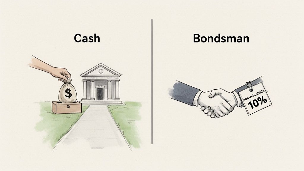Illustration comparing cash bail, showing money deposited, versus a bondsman with a 10% non-refundable fee.