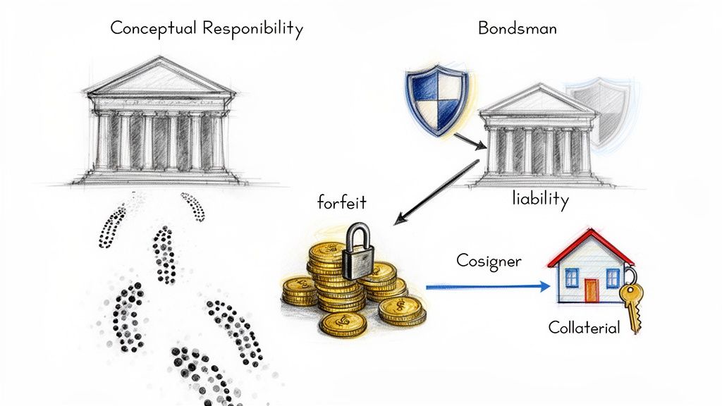 A conceptual diagram illustrating legal and financial responsibilities, including bondsman, liability, forfeit, cosigner, and collateral.