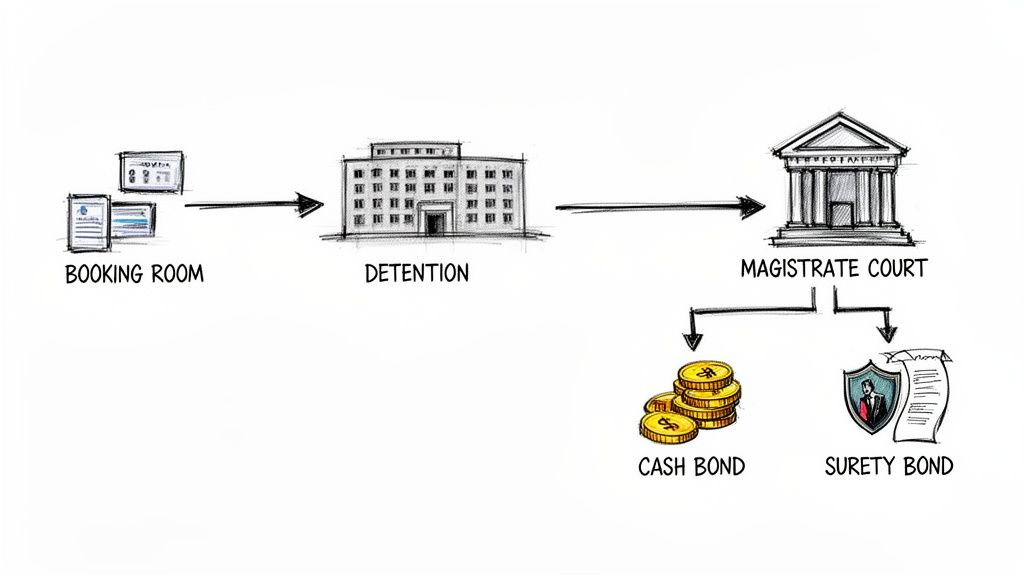 Flowchart illustrating the legal process from booking, detention, magistrate court, to cash or surety bail bonds.