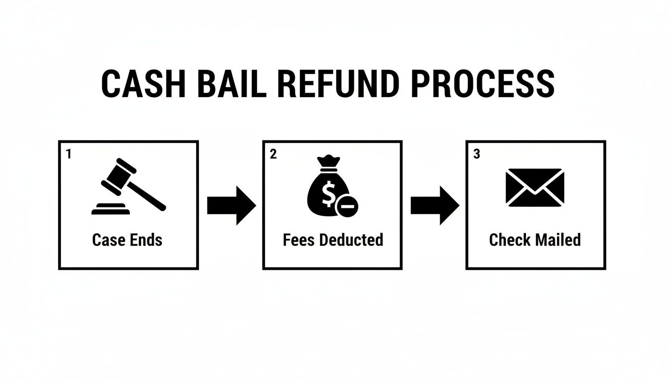 A flowchart illustrates the cash bail refund process: Case Ends, Fees Deducted, Check Mailed.