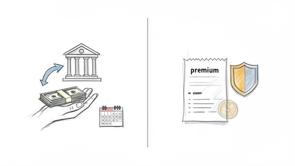 An illustration showing financial concepts: money, a bank, and a calendar on one side, and a premium document with a shield and coin on the other.