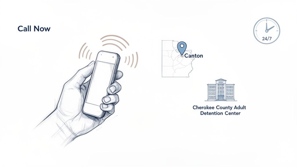 A hand calling on a phone for Cherokee County Adult Detention Center in Canton, Georgia, available 24/7.