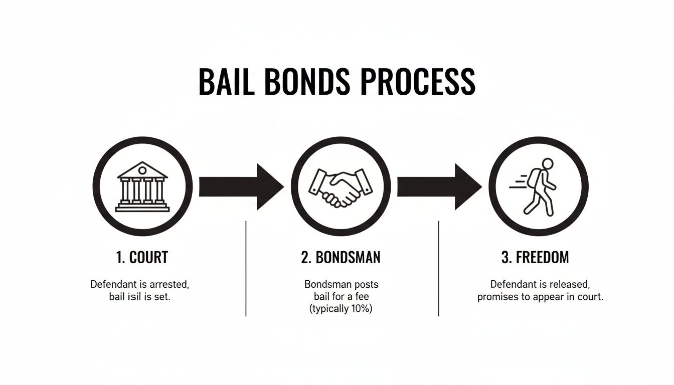 A diagram illustrating the three-step bail bonds process: Court, Bondsman, and Freedom.