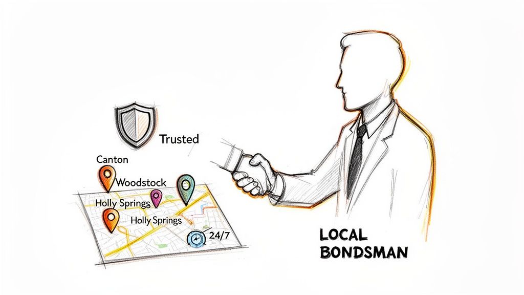 Illustration of a local bondsman offering trusted 24/7 service in multiple Georgia locations.