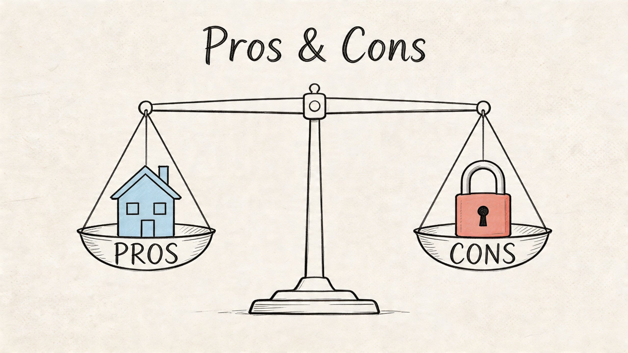 A hand-drawn balance scale with a house icon on the left representing pros and a lock on the right.