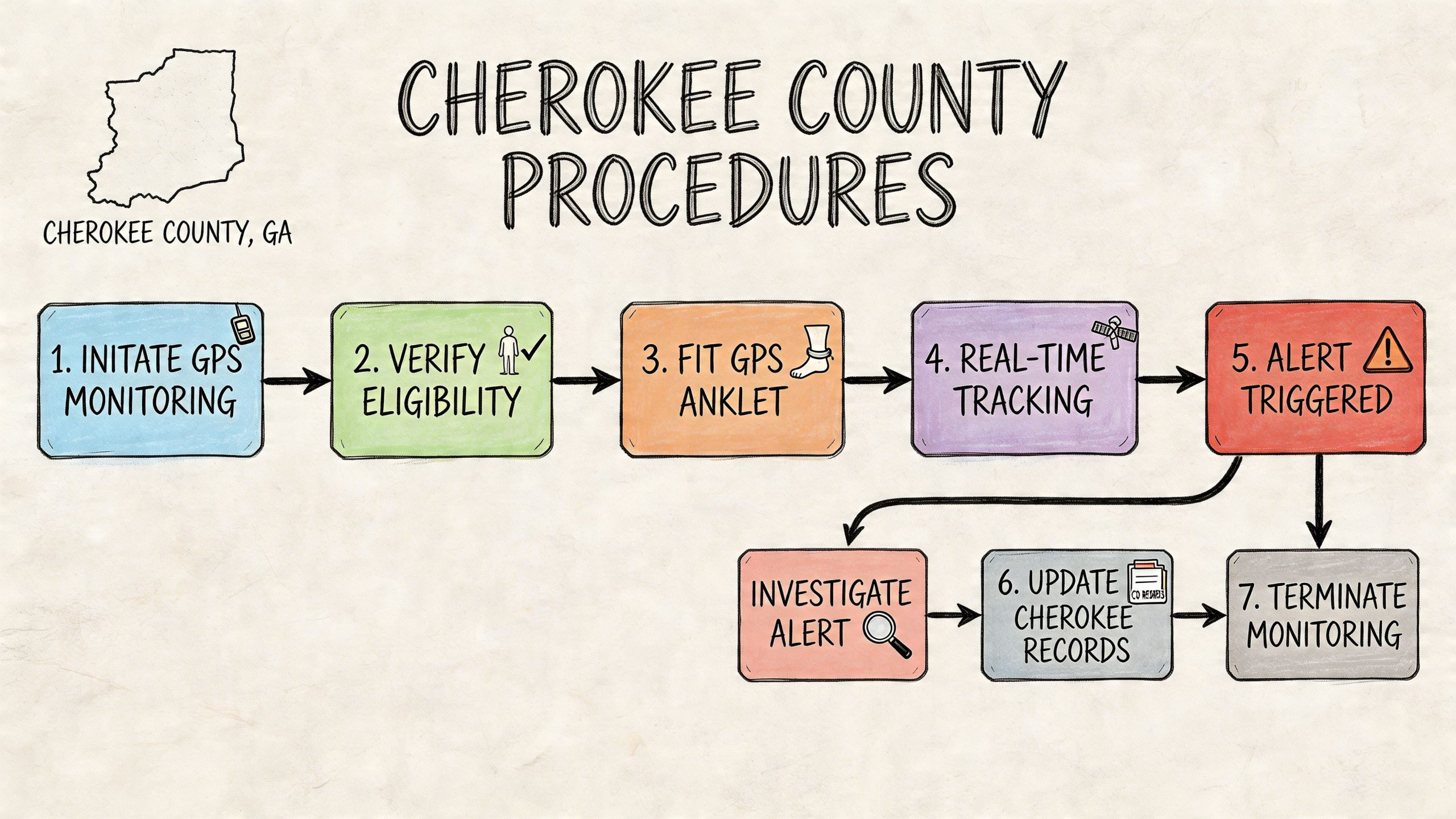 An infographic flowchart explaining the Cherokee County GPS ankle monitor process from initiation to termination.
