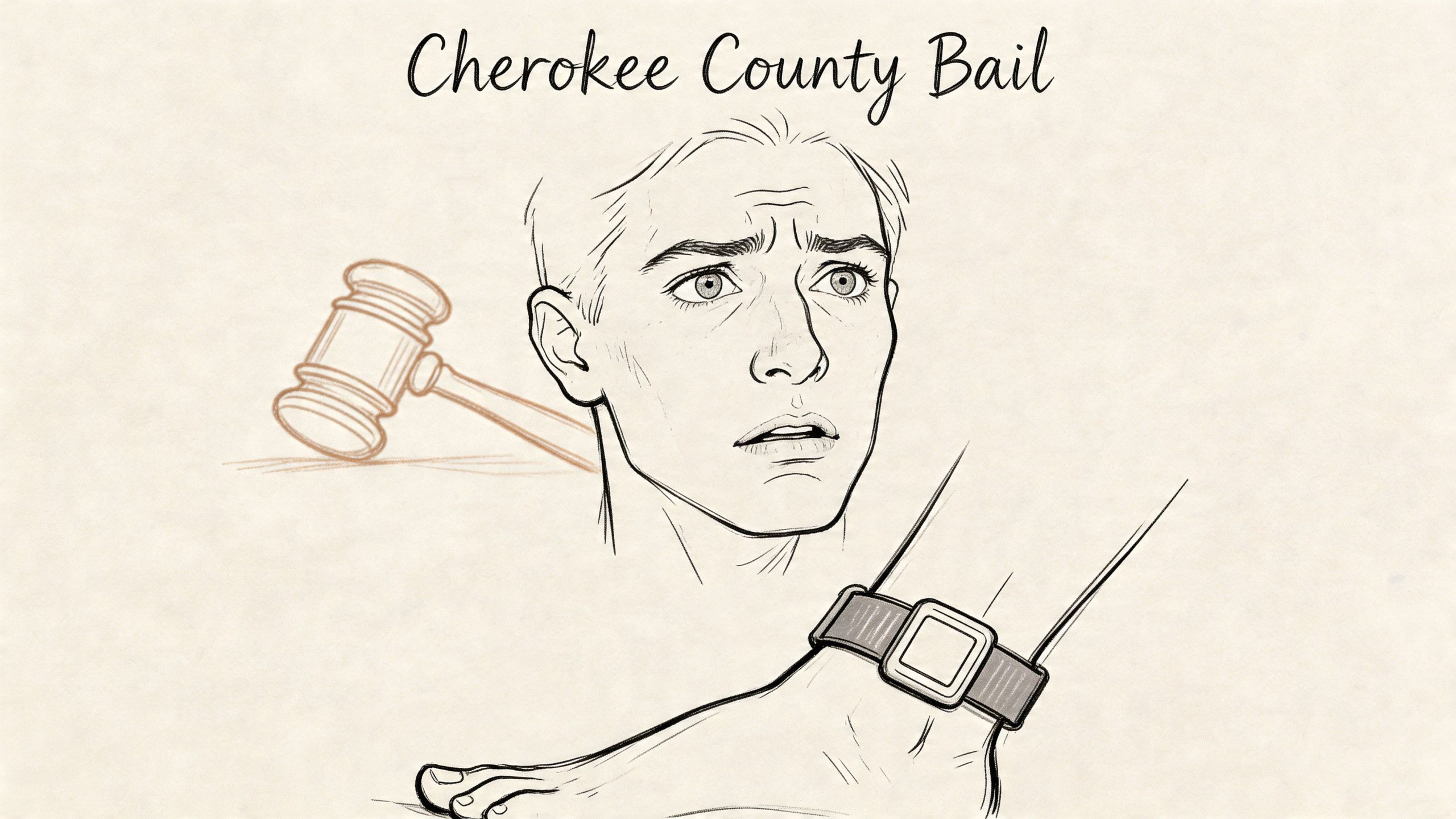 A line art illustration depicting a worried man, a judge's gavel, and a GPS ankle monitor.